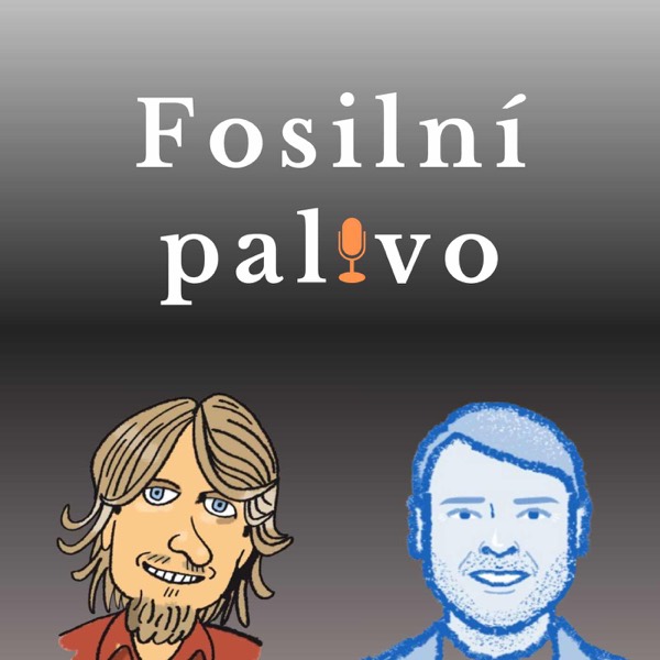 Obálka podcastu Fosilní palivo s kreslenými portréty Romana Věžníka a Martina Kavky